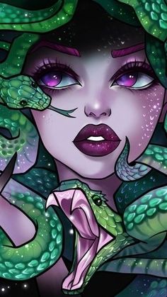 a painting of a woman with purple eyes and green snakes around her neck, holding a snake