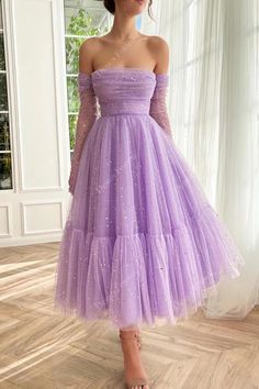 Sparkly Star Lilac Tulle Custom Off Shoulder Ankle Length Formal Dress Shorter Prom Dresses, Lavender Gowns Elegant, Prom Dress With Gloves, Ankle Length Prom Dress, Lilac Midi Dress, Mode Ab 50, Dress Gala, Midi Prom Dress, Graduation Party Dresses