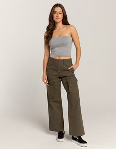 Vans Arroyo Wide Leg Cargo Pants. These Pants Feature A Contemporary Wide-Leg Silhouette With The Added Utility Of Cargo Pockets, Providing A Perfect Blend Of On-Trend Style And Practicality. Zip Fly And Button Closure. Belt Loop Waist. High Rise. Front, Back And Side Cargo Pockets. Straight Leg, Wide Cut. Approx. Inseam: 30''. 100% Cotton. Machine Wash. Imported. Model Is Wearing A Size 26. Model Measurements:height: 5'8" Bust: 34"waist: 24"hips: 35" Womens Cargo Pants, Womens Cargo, Wide Leg Cargo Pants, Flannel Sweatshirt, Graphic Trends, Open Knit Sweater, Cargo Skirt, Women Cargos, Metallic Dress