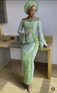 Ayobami's first outfit ~ Yoruba Wedding ~ 1st Outfit ~ Nigerian Wedding #Yoruba Teal Green Aso Oke, Colors That Go With Mint Green Outfits, Nigerian Traditional Attire, Lace Styles For Wedding, Aso Ebi Lace, Aso Ebi Lace Styles, Traditional Wedding Attire