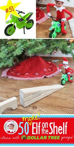 the elf on the shelf is next to a christmas tree and other items that are in front of it