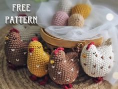 small crocheted chickens sitting next to each other on top of a basket with the words free pattern