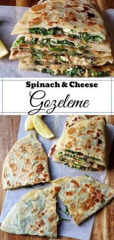 spinach and cheese quesadilla with lemon wedges