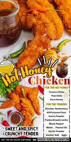 the front cover of hot honey chicken, featuring fried vegetables and dipping sauces on a white plate