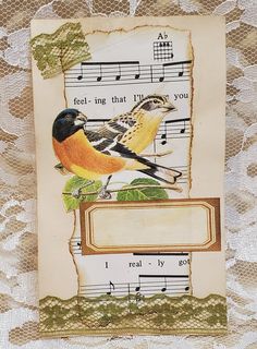 a bird sitting on top of a piece of paper with music notes in the background