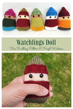 a hand holding a knitted toy with five different hats on it and the words watching's doll written below