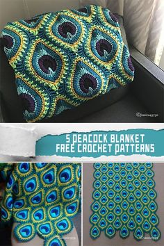 crocheted peacock blanket with the text 5 peacock blanket free crochet patterns