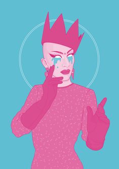 a woman with pink hair and a crown on her head making the middle finger sign