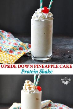 two pictures showing the inside and outside of a pineapple cake protein shake with whipped cream on top