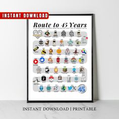 an instant video game poster with the words route to 45 years and icons on it