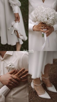 the bride is wearing white shoes and holding her bouquet