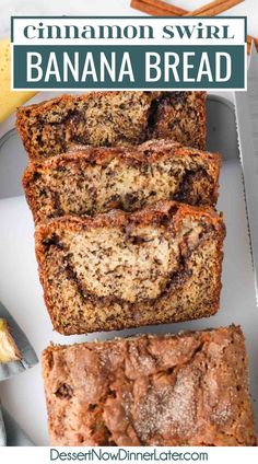 cinnamon swirl banana bread on a white plate