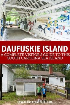 two photos with the words daufskie island in red and white