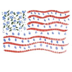 an american flag with blue flowers and raindrops painted on it's side