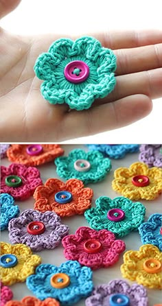 crocheted flowers are being held in the palm of someone's hand, and another photo has been taken