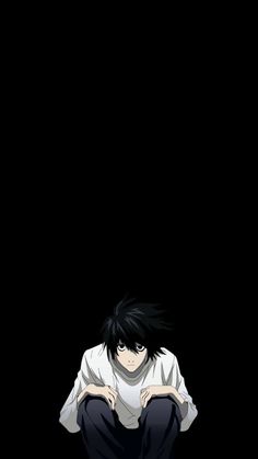 an anime character sitting in the dark with his hands on his knees and looking down