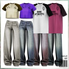 four different colored t - shirts and jeans are shown