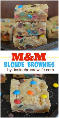 m & m blonde brownies are stacked on top of each other with candy