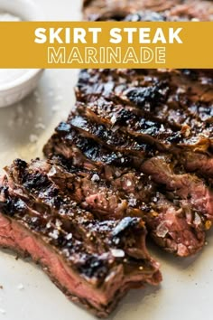 steak marinade on a white plate with text overlay