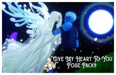 two cartoon characters standing next to each other in front of a bright blue sky with the words, give my heart to you pose pack