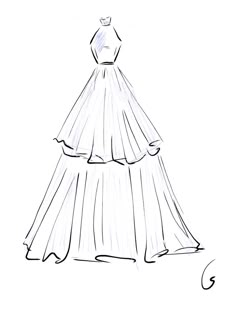 a drawing of a wedding dress on a mannequin stand with the skirt down