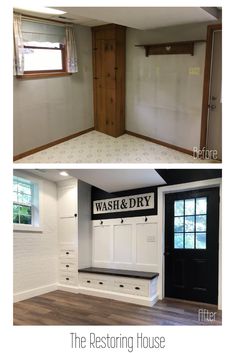 before and after photos of a house with white walls, wood floors and black doors