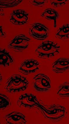 an artistic red background with black and white eyeballs on it's surface,