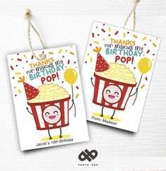 two birthday cards with the words thank you for making my birthday pop and an image of popcorn