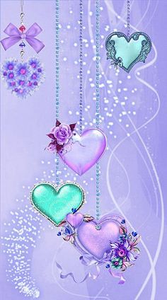 three hearts hanging from chains with flowers and pearls on them, against a purple background