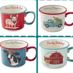 four coffee mugs with farm animals on them and the words happy holidays written in different languages