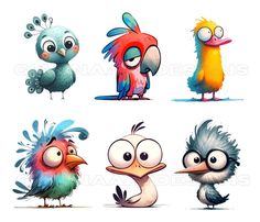 cartoon birds with different colored feathers and eyes