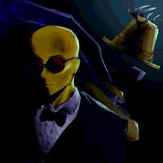 a man in a suit and tie with a yellow alien head on his face wearing sunglasses