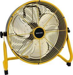 a yellow fan sitting on top of a metal stand