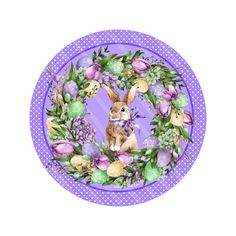 a purple plate with an image of a bunny surrounded by flowers