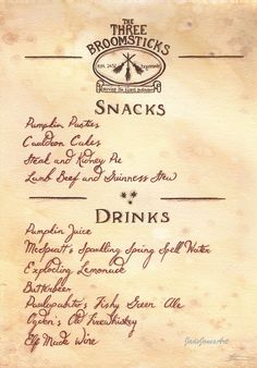 the menu for three broomsticks's, which includes drinks and other items