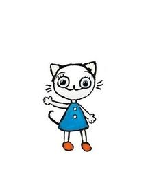 a drawing of a cat wearing a blue dress