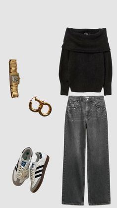 a black sweater, jeans and sneakers are arranged in the shape of an off - shoulder top