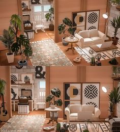 two pictures of a living room with couches, chairs and potted plants in it