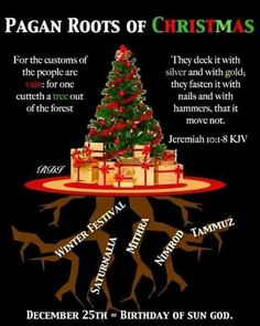 a christmas tree with presents on it and the words pagan roots of christmas written below