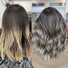 Silver Gray Highlights Before and After Smoky Blonde Hair, Highlights For Gray Hair, Bronze Balayage, Grey Hair Before And After, Gray Highlights, Silver Hair Highlights, Platinum Hair Color