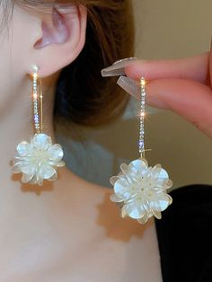 Flower Shape Rhine Stones Drop Earrings WHITE-One_size Accessories For Wedding, Ear Accessories, Acrylic Flower, Leisure Fashion, Long Drop Earrings, Wedding Date, White Acrylic, Flower Shape, Drop Earrings