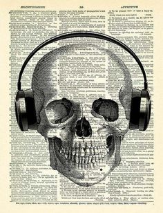 a skull wearing headphones on top of an old book page with the word music written in