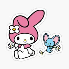 hello kitty and bunny sticker on a white background with an animal in the foreground