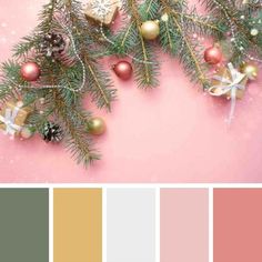 christmas tree with ornaments and colors in the bottom right corner, on a pink background