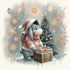 a christmas card with a donkey holding a gift box in front of a tree and snowflakes