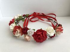 Flower crown red rose crown flower girl headband two tone | Etsy Red And White Quinceanera Theme, Red Rose Crown, Red Quince Theme, Cassie Wedding, Beach Wedding Red, Red And White Wedding, Red Flower Girl, Bridal Wedding Flowers, Red Flower Girl Dresses