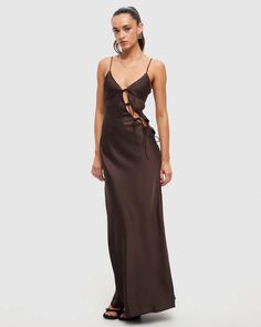 About A Girl Maxi Dress by Lioness Online | THE ICONIC | Australia Chocolate Dress, Chocolate Satin, Fashion Usa, Sheer Mini Dress, Girls Maxi Dresses, About A Girl, 90s Dress, Satin Maxi, Halter Mini Dress