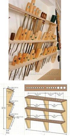 a shelf with many different types of tools hanging on it's sides and an image of