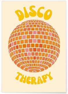 an orange disco ball with the words disco therapy written in yellow and pink on it