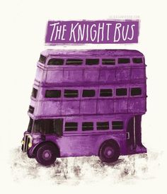 a purple double decker bus with the words the knight bus above it